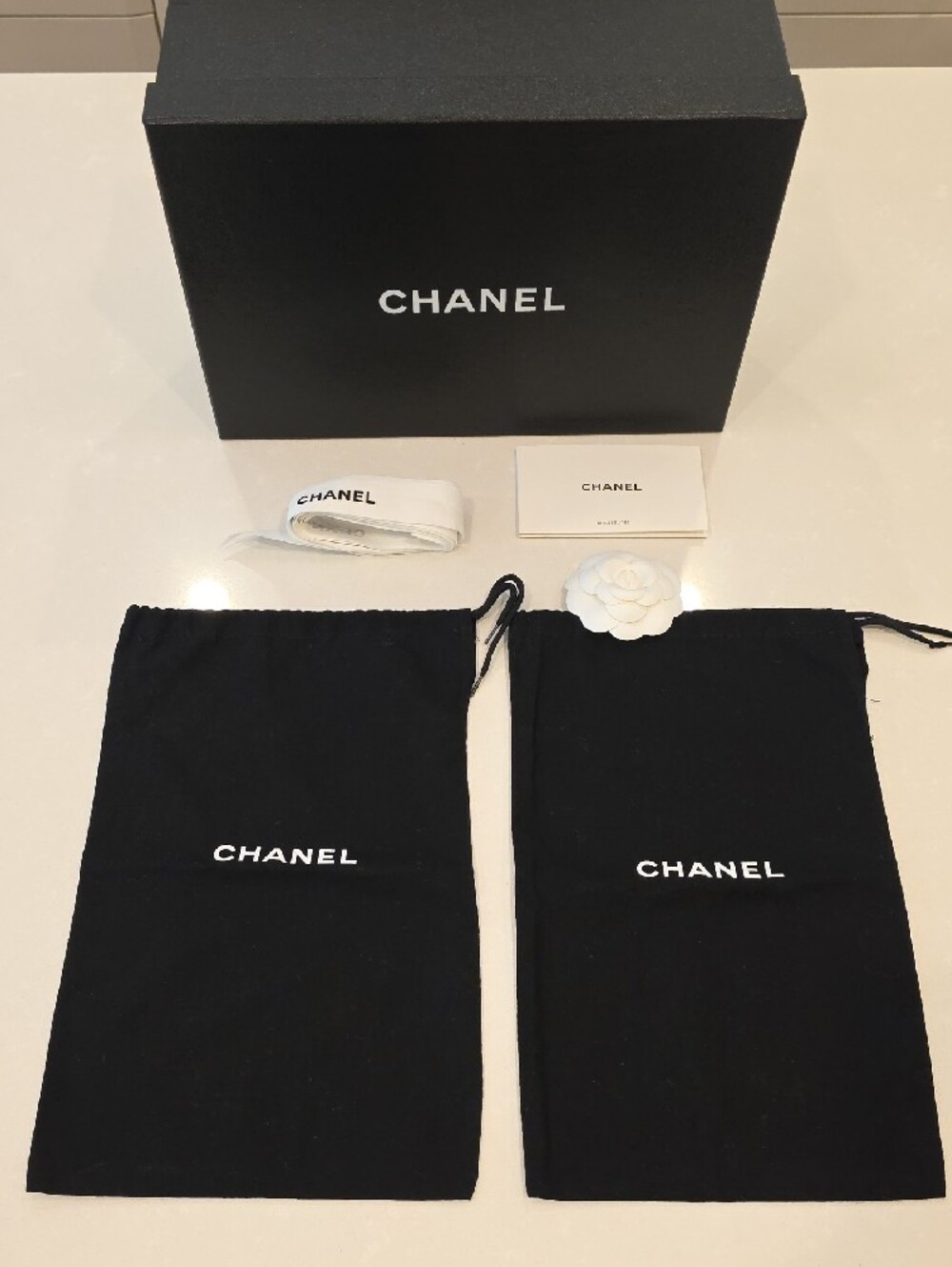 💯 Authentic CHANEL Black Branded Shoe Box with Two Black Dust Bags and Ribbon